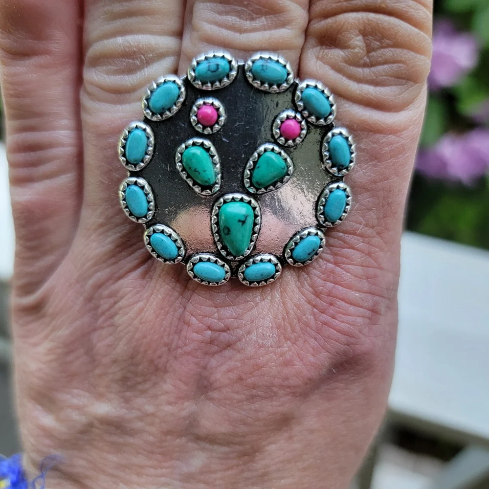 Cactus Turquoise Beaded Free Spirit Boho South Western People ring nwt